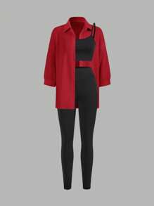 SHEIN LUNE 3pcs/Set Women's Autumn Long Sleeve Shirt, Camisole, And Skinny Leggings Outfit Red Clothes Christmas