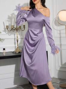 Modelyn Women's Long Sleeve Open Shoulder Dress With Real Turkey Feather Patching - Dusty Purple - View 4