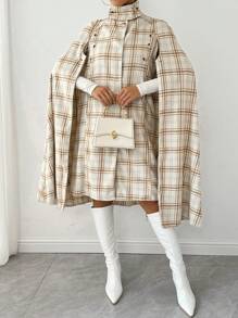 Chiquease Damen Herbst Winter Stehkragen Taschen Karomuster Umhang - Aprikosenfarben - Übersicht 4