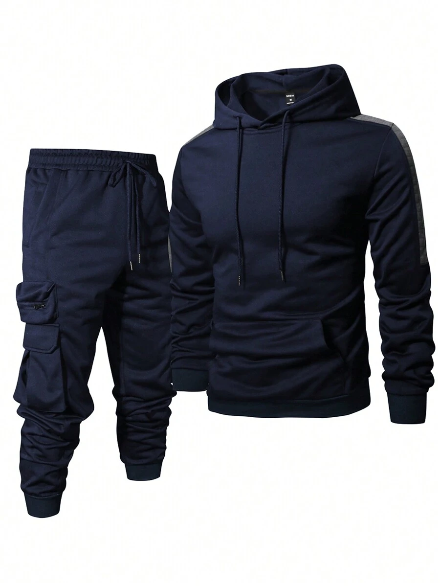 Manfinity Homme 2 件装男士纯色长袖连帽上衣(带口袋)和休闲长裤套装 - 藏蓝色 - 查看 1
