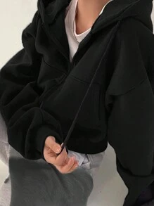 SHEIN EZwear 女士休闲纯色短款夹克，秋冬 - 深灰色 - 查看 3