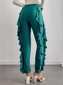 Chiquease Elegant Solid Color Flounced High Sheen Pants