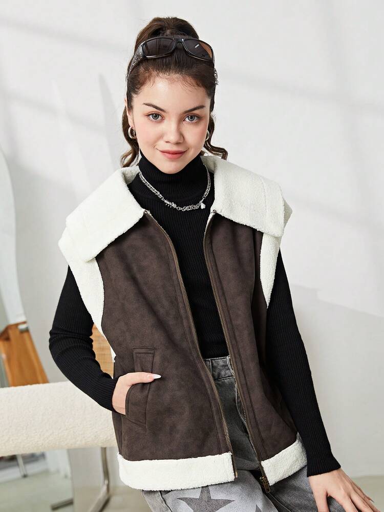 SHEIN 青少年女孩黑咖啡色天鹅绒立领口袋休闲无袖夹克 - 深灰色 - 查看 4