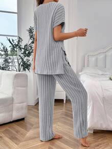 Women Solid Color Round Neck Short Sleeve Casual Top And Pants Loungewear Set Outfit