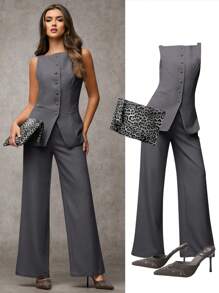 SHEIN BAE Women's Solid Color Round Neck Single-Breasted Vest And Pants Elegant Commuter Suit, Summer Fall Women Clothes Women Set Office Wear Business Casual Women Two Pieces Outfits Fall Women Office Wear Women Set Women Blazers Set - Dark Grey - View 6