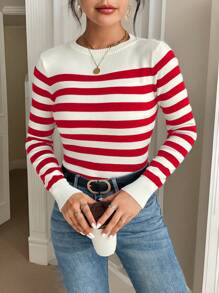 SHEIN Frenchy Women's Round Neck Long Sleeve Striped Minimalist Sweater, Casual Everyday
