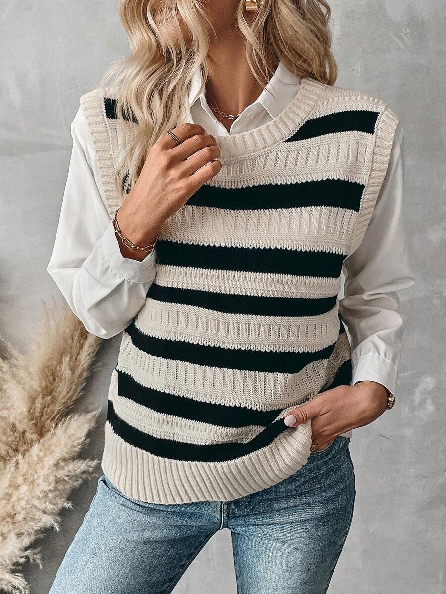 Chiquease Women Casual Colorblock Striped Pattern Knitted Sweater Vest, Shirt Not Included