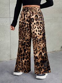 SHEIN Leap Crew Quần dài ống rộng in họa tiết da báo cho bé gái, kiểu dáng thường ngày năng động, cá tính, thích hợp mặc cùng mẹ và bé (bán riêng lẻ). - màu nâu - Xem 3