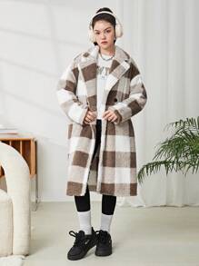 SHEIN Leap Crew 少女双面格子翻领超大蓬松外套 - 棕色 - 查看 5