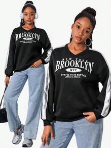 SHEIN Teen Girl Metal Silver & Black Patchwork Print Knit Sweatshirt