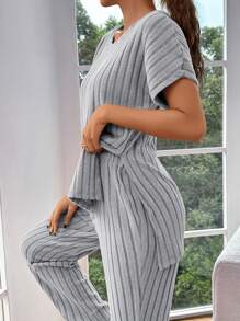 Women Solid Color Round Neck Short Sleeve Casual Top And Pants Loungewear Set Outfit