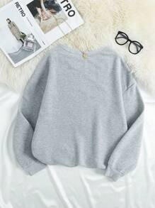 INAWLY Women's Letter & Dog Print Loose Casual Sweatshirt, Autumn/Winter Pullover Fall - Light Grey - View 2