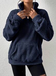 SHEIN Frenchy Schlicht-Frontreißverschluss Langarm Basis Kapuzenpullover, Lässiger Alltagsvertrag, Langarm Oberteile - marineblau - Übersicht 4