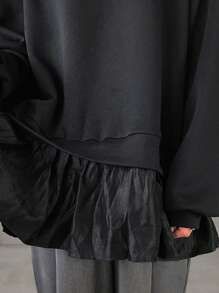 FRIFUL 女款荷葉邊拼接字母印花連帽寬鬆加厚保暖內裡運動衫，秋季女裝連帽衫 - 黑色 - 查看 2