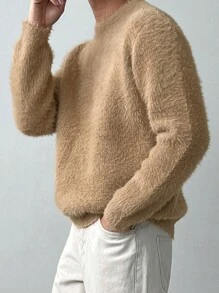 DAZY Men's Round Neck Long Sleeve Solid Color Fleece Sweater, Autumn - Camel - View 7