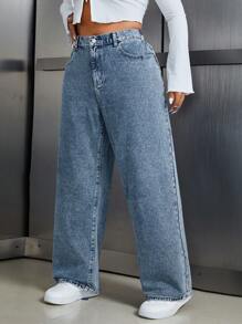 SHEIN ICON Jeans casuales sueltos de novio con botones delanteros, bolsillos y bordados con moño para mujer talla grande - Neblina azul - Ver 3