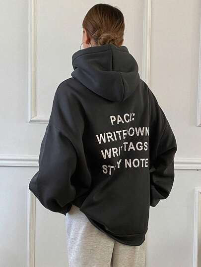 DAZY Sudadera con capucha de felpa suelta con estampado de eslogan de hombro caído para mujer, otoño/invierno, manga larga, ropa de mujer de otoño con capucha