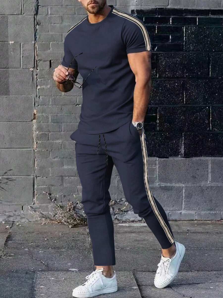男士休闲基础套装（2件套），藏青色黑白条纹短袖T恤+抽绳腰运动裤，夏季