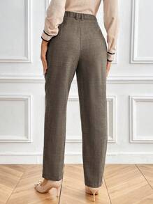 SHEIN Clasi Women's Plaid Print Slant Pocket Fold Pleated Pants, Waist Belt Not Included - Brown - View 2