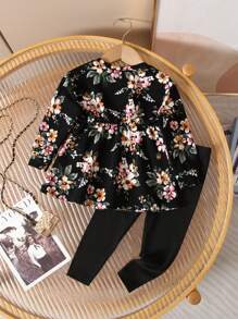 SHEIN Baby Girl 2pcs Baby Girls Floral Print Knitted Elastic Waist Long Sleeve Top And Pants Set, Autumn Winter