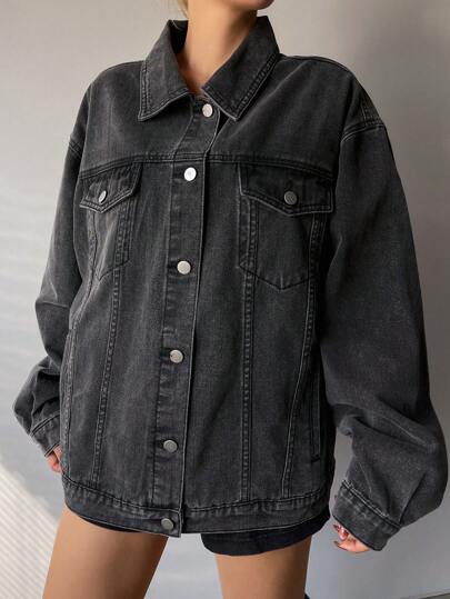 DAZY 女式宽松翻领口袋装饰长袖牛仔夹克秋冬