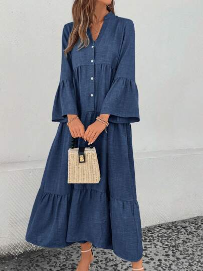 SHEIN LUNE 女士纯色 V 领喇叭单排扣休闲宽松连衣裙，春夏长款女装