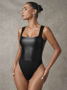 SHEIN BAE 女士春秋款方领 PU 皮革无袖修身紧身衣/时尚百搭简约 - 黑色 - 查看 4