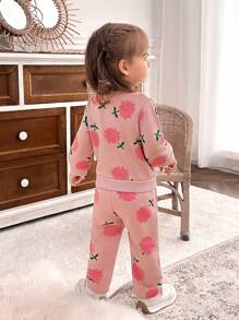 SHEIN 2pcs Baby Girls' Floral Print Pink Top And Pants Set, Fall/Winter - Pink - View 2