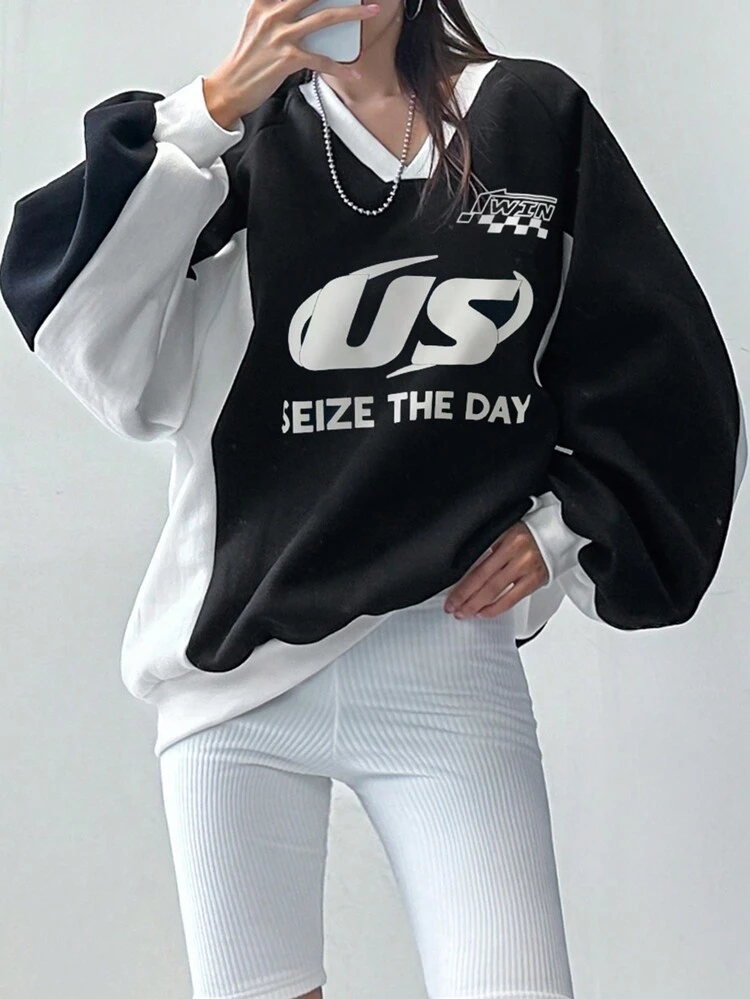 Women's Color Block V-Neck Letter Print Loose Sweatshirt,Fall Clothes
