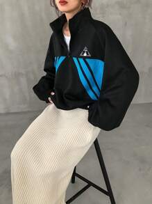 FRIFUL Women's Colorblock Oversized Fleece Sweatshirt With Letter Print Jacket Fall,Winter - Black - View 7