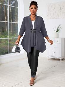 SHEIN Lady Plus Size Black Cardigan With Mid-Length Sleeves & Metal Buckle, Asymmetric Hem Women's Coat Fall Women Outfits Fall Outfits Going Out Outfits Winter