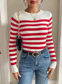 SHEIN Frenchy Women's Round Neck Long Sleeve Striped Minimalist Sweater, Casual Everyday
