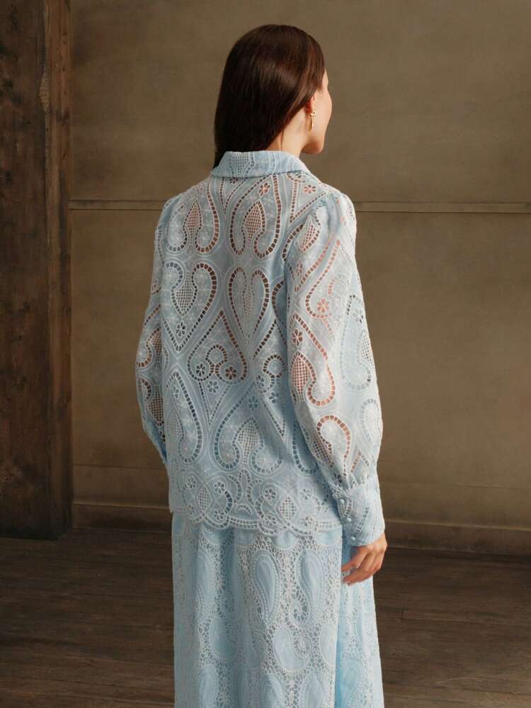 Women's Elegant Ruffled Collar Puff Sleeve Loose Lace Blouse, Autumn