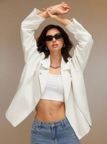 SHEIN Unity 1pc Women's Solid Color Zip Up Long Sleeve Casual Jacket - White - View 5