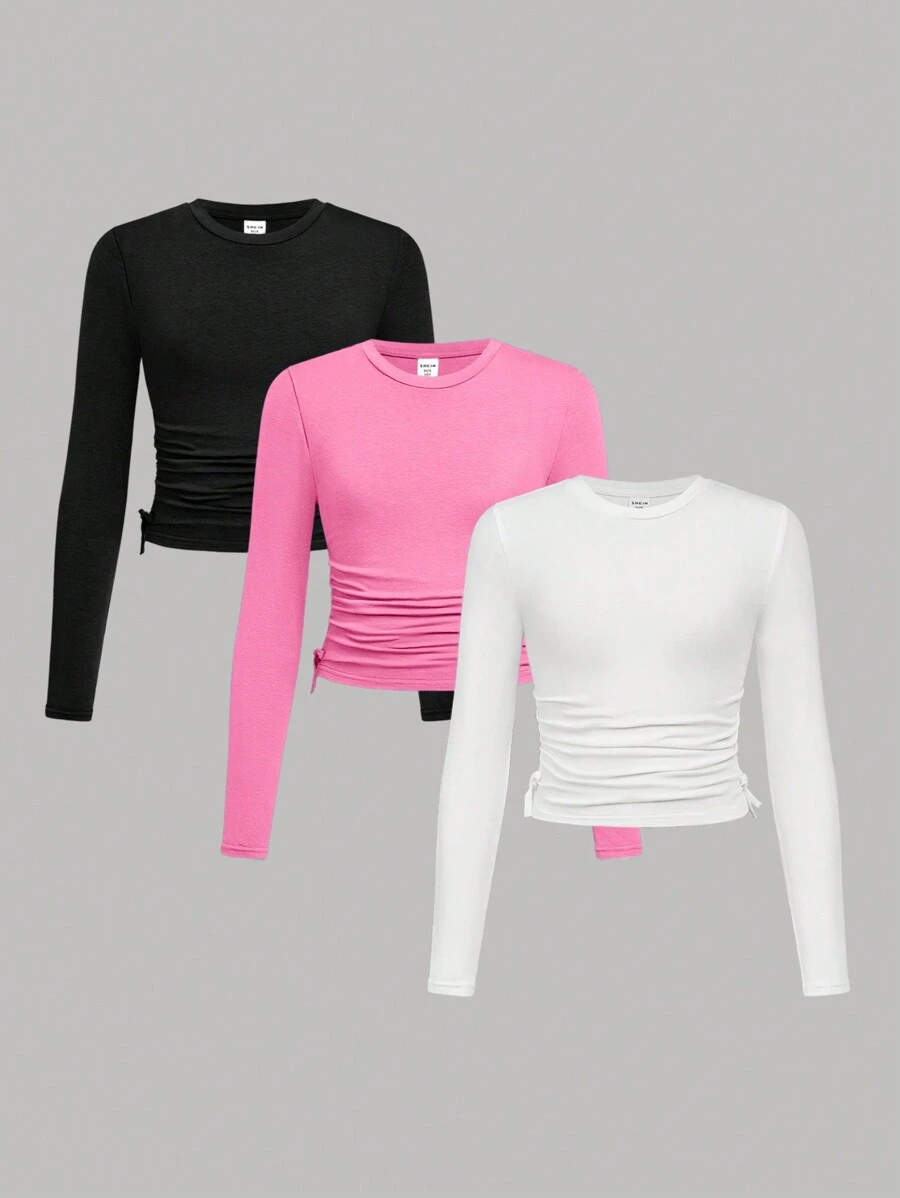 SHEIN Girlism 3 piezas Blusas de punto de cuello redondo de manga larga de color sólido casuales para niñas preadolescentes - Rosado Sandía - Ver 1