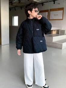 SHEIN Tween Boy 白色提花面料开衩下摆运动裤，适合通勤、学校、休闲、学院、运动、秋冬季 - 白色 - 查看 7