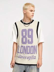 ROMWE MEN Prep Herren Pullunder mit Kontrastfarbe und Buchstaben- und Zahlen Muster, Frühling Herbst