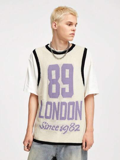 Prep Gilet en maille à imprimé lettre et numéro couleur contrastée pour hommes, printemps automne