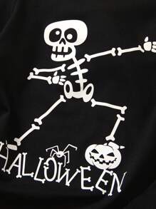 Set de 2 camisetas casuales con estampado de esqueleto, cara sonriente y letras en inglés que brillan en la oscuridad para niño pequeño en Halloween - Negro - Ver 8