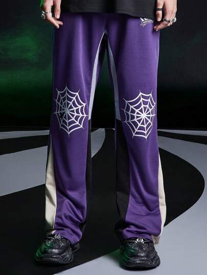 Beetlejuice | ROMWE بنطلون رياضي رجالي بخصر مرن وطبعة خيوط العنكبوت والحروف بتباين الألوان، ساق واسعة، هالوين