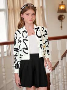 女童棒球领拉链夹克，单色图案印花，短款，休闲外套，秋季 - 杏色 - 查看 4