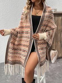 Breezaya Autumn Casual Geometric Pattern Front Cardigan,Long Sleeve Tops - Coffee Brown - View 4