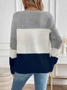 Chiquease Suéter casual de cuello redondo a bloques de color de manga larga para mujer