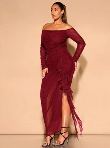 SHEIN BAE 大码女式网眼露肩垂褶下摆浪漫飘逸优雅派对连衣裙 - 酒紅色 - 查看 5