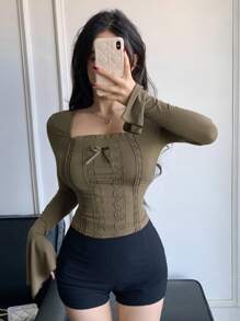 DAZY 女士长袖T恤，蕾丝拼接设计，秋季女装可爱上衣 - 綠色 - 查看 5