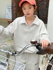 Dazy Kids 2件套少女纯色保暖内衣套装 - 灰色 - 查看 3