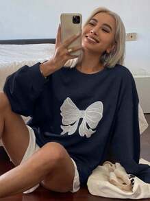 DAZY 女式超大圆领蝴蝶蕾丝刺绣运动衫，秋季新品 - 藏蓝色 - 查看 2