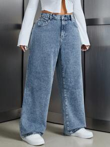 SHEIN ICON Jeans casuales sueltos de novio con botones delanteros, bolsillos y bordados con moño para mujer talla grande - Neblina azul - Ver 5