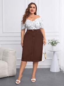 EMERY ROSE Plus Size Casual Solid Color Straight Stretch Denim Skirt - Coffee Brown - View 6