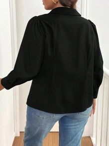 Flirla Áo sơ mi tay dài cài nút phía trước màu trơn cỡ lớn thường ngày - màu đen - Xem 2